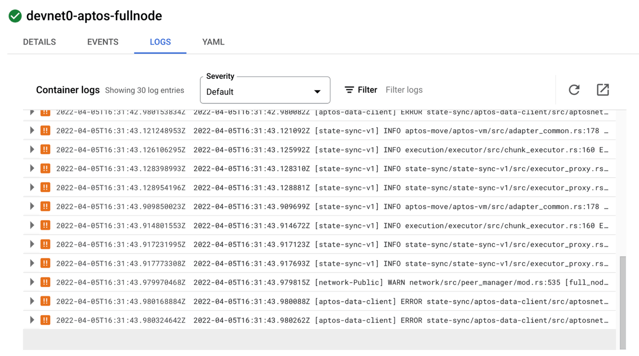 GKE Workloads Pod Logs screenshot GKE Workloads Pod Logs screenshot