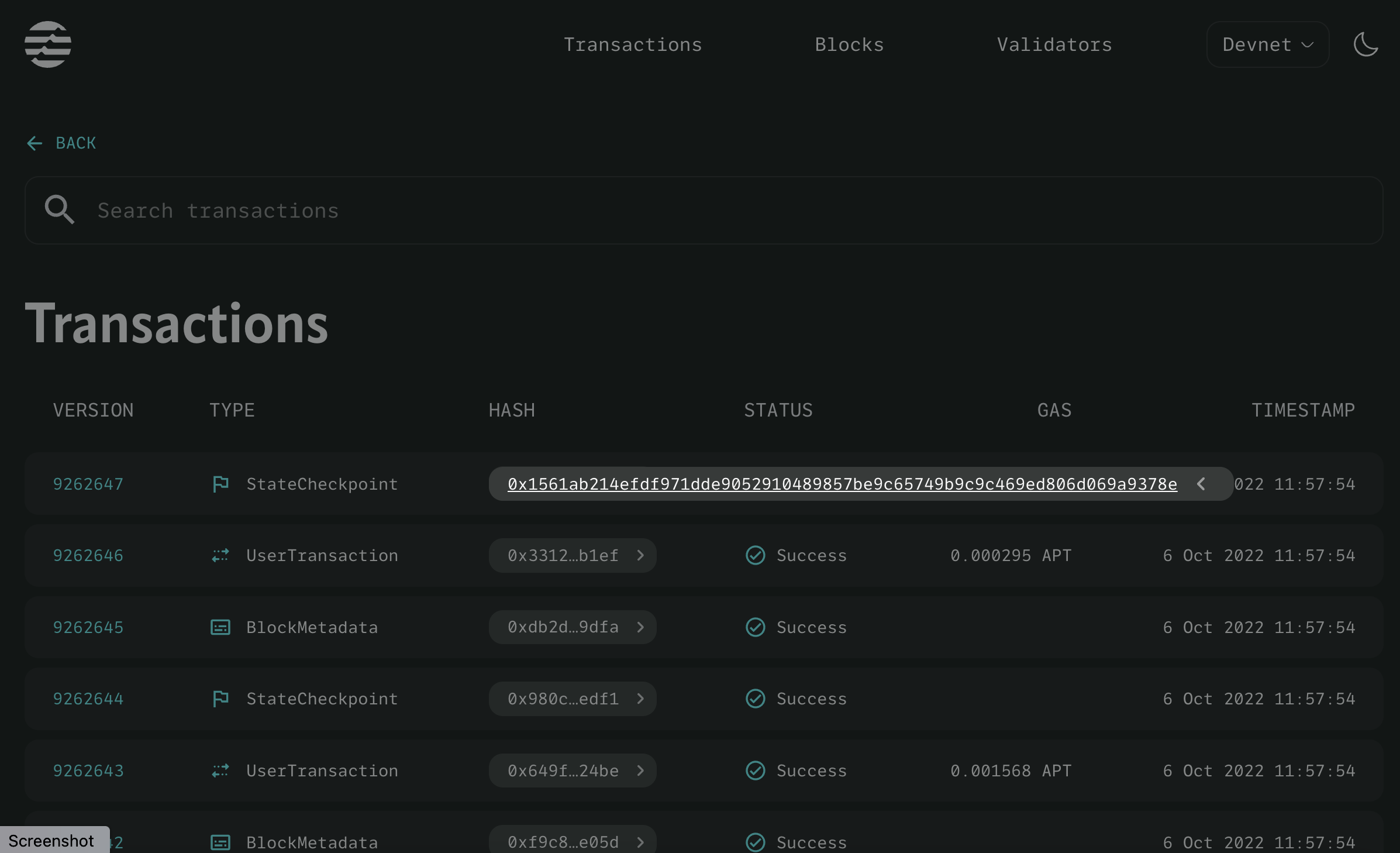 Aptos Explorer Transactions page with hash highlighted